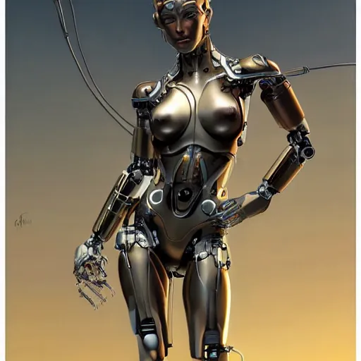 Image similar to fully body, stunningly beautiful woman cyborg robot in metal cable and wire by sorayama , highly detailed, digital painting, artstation, concept art, sharp focus, illustration, art by artgerm and greg rutkowski and art nouveau mucha