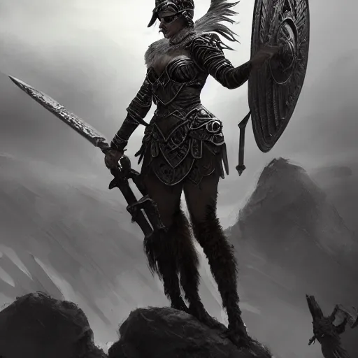 Prompt: valkyrie standing triumphantly atop a pile of bones, epic fantasy, insane details, illustration, artstation, intricate, sharp focus, elegant, concept art