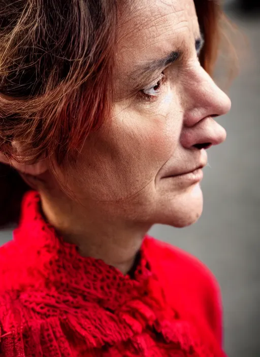 Prompt: close up portrait of beautiful 35-years-old Italian woman, wearing a red outfit, well-groomed model, candid street portrait in the style of Steve McCurry award winning