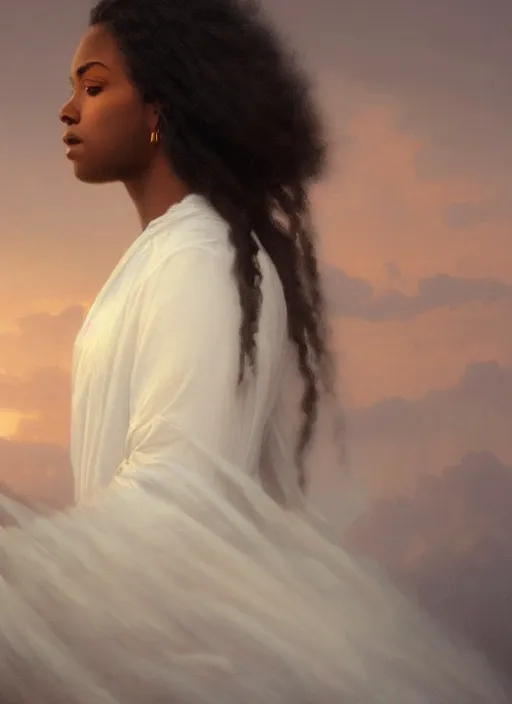 Image similar to oil painting close up portrait of a contemplative young black woman with long dark flowing hair in a dress made of white roses!! at sunset, hazy, digital art, chiaroscuro, artstation, cinematic, golden hour, digital art painting by greg rutkowski, william - adolphe bouguereau, hazy atmosphere, cinematic lighting