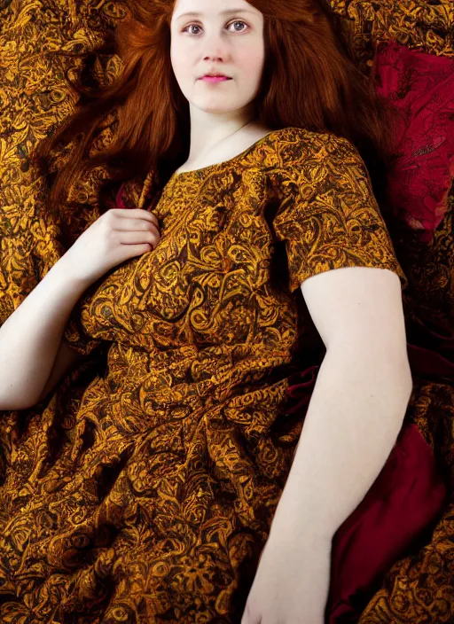 Prompt: preraphaelite portrait photography reclining on bed, brown hair fringe, yellow ochre ornate medieval dress, william morris, 4 k