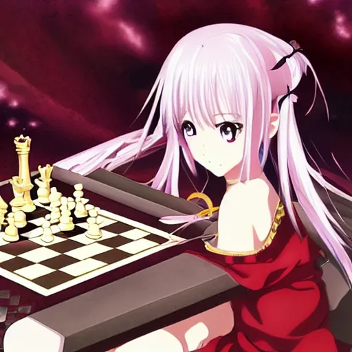 Image similar to beautiful anime girl playing chess, ufotable, official art, pixiv