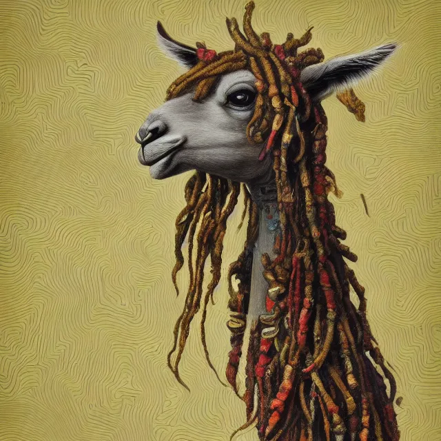 Prompt: llama with dreadlocks, art deco design, by Mandy Jurgens, Ernst Haeckel, James Jean