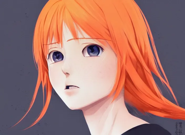 Image similar to portrait Anime girl with orange hair and freckles, cute-fine-face, white-hair pretty face, realistic shaded Perfect face, fine details. Anime. realistic shaded lighting by (((Ilya Kuvshinov)))