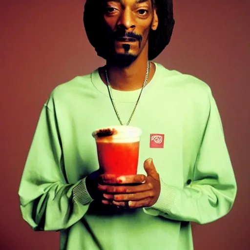 Prompt: Snoop Dogg holding a Boba Tea for a 1990s sitcom tv show, Studio Photograph, portrait, C 12.0