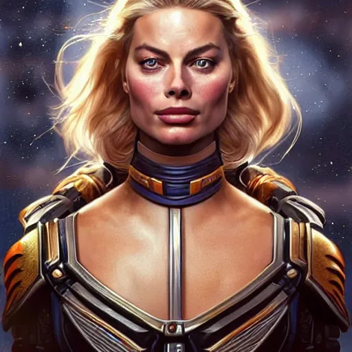 Image similar to Margot Robbie's face combined with Jennifer Anniston's face as a Space Marine, western, D&D, fantasy, intricate, elegant, highly detailed, digital painting, artstation, concept art, matte, sharp focus, illustration, art by Artgerm and Greg Rutkowski and Alphonse Mucha