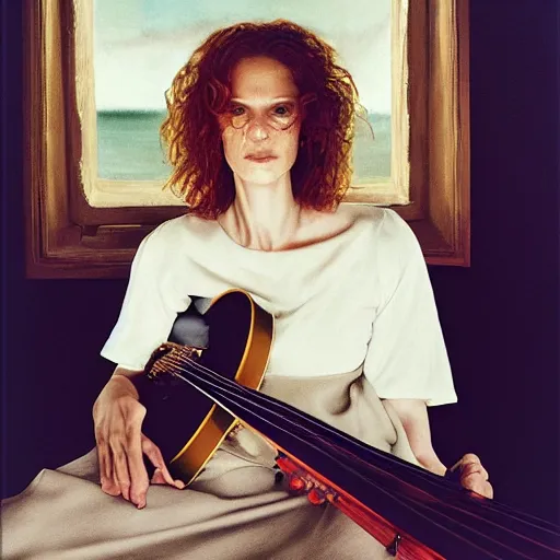 Image similar to SOPHIE the musician, photographed by Annie Leibovitz, oil on canvas