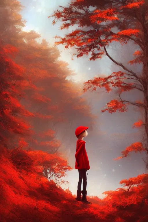 Prompt: a little girl in red hat , forest, Distant view, by Bruce Pennington and Ross Tran trending on artstation, trending on deviantart