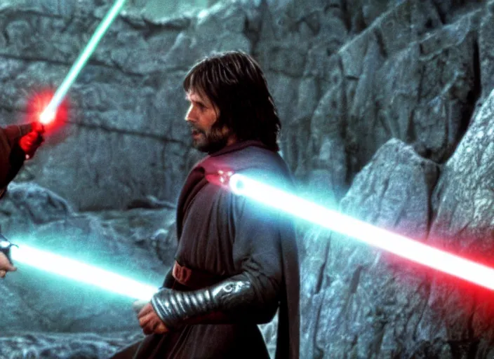 Image similar to Brutal combat Aragorn vs Luke Skywalker. Film still. Aragorn on the left side and Luke Skywalker with red light saber on the right side in the middle earth near broken X-wing ship, high detail