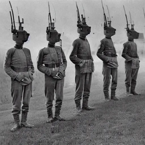 Prompt: on ominous photo of the soldiers with no face, eerie, vintage