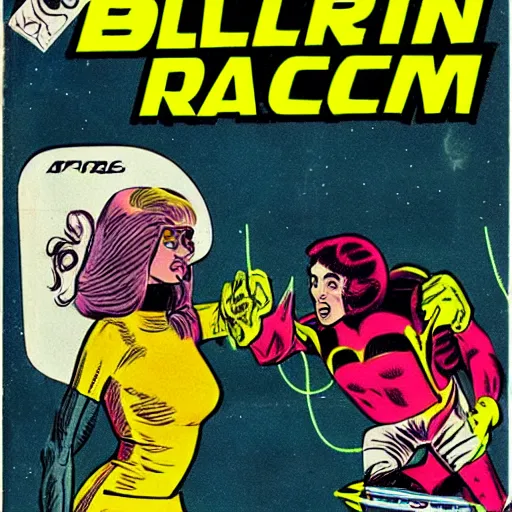 Image similar to alien racing drivers, space, comic, racers, retro, 70s, comic book, girl