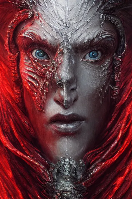 Image similar to realistic portrait of beautifully crystalized and detailed portrait of a angel of death, matte painting of cinematic movie scene red dragon, horror, created by gustave dore and greg rutkowski, high detailed, smooth draw, synthwave neon retro, intricate, realistic proportions, dramatic lighting, trending on artstation.