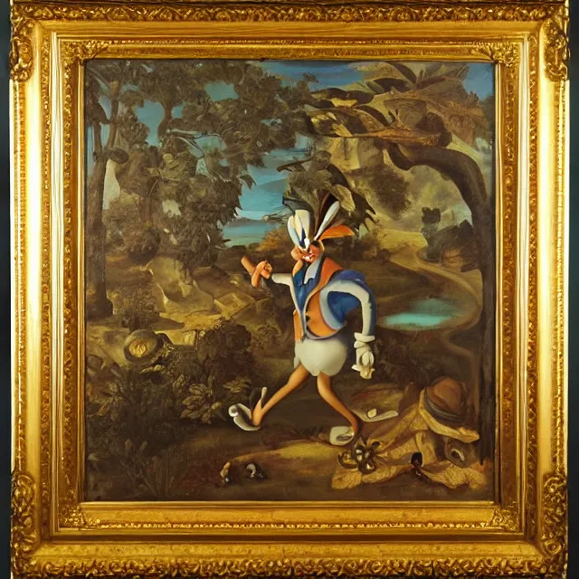 Image similar to renaissance oil painting of bugs bunny, intricately detailed golden frame