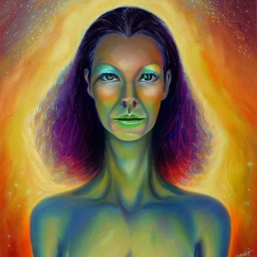 Image similar to a beautiful Pleiadian human-alien hybrid woman, oil painting, featured on artstation