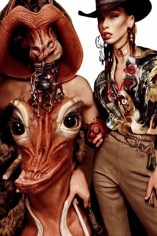 Image similar to dolce & gabbana campaign featuring jar jar binks as a female cowgirl, long eyeslashes, huge juicy lips, big seductive eyes, shot by mario testino, realistic vfx simulation