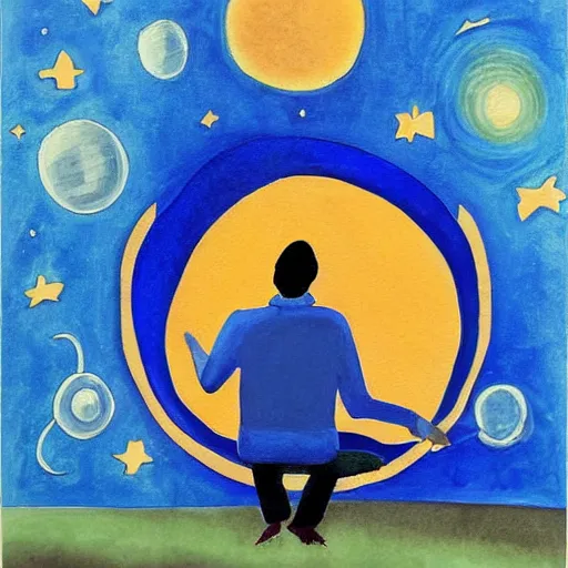 Image similar to painting of a peaceful man relaxing in the cosmos by David Normal, David Normal,