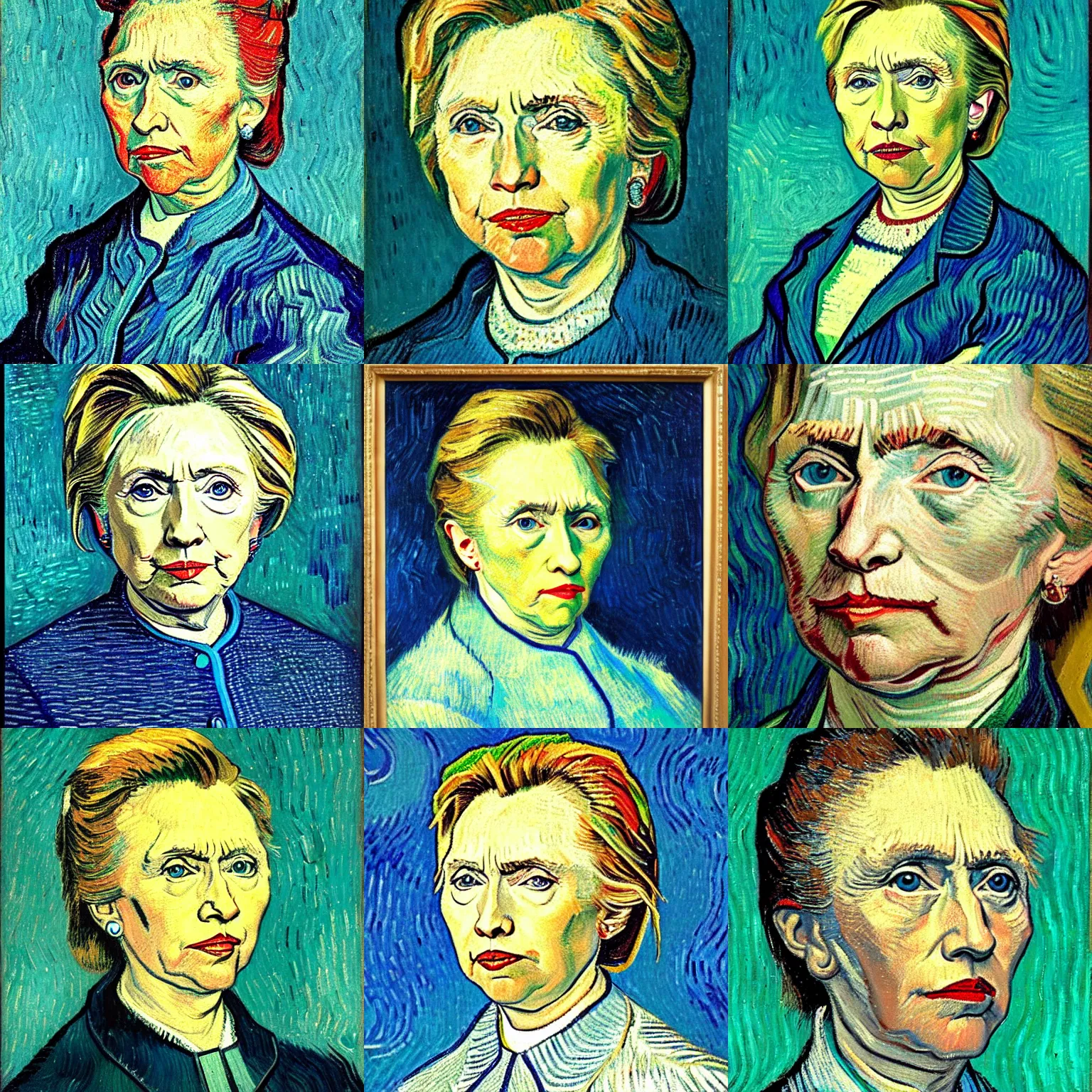 Prompt: detailed portrait of hillary clinton, thick cyan lines, painted by vincent van gogh, oil on canvas, 1 8 8 9.