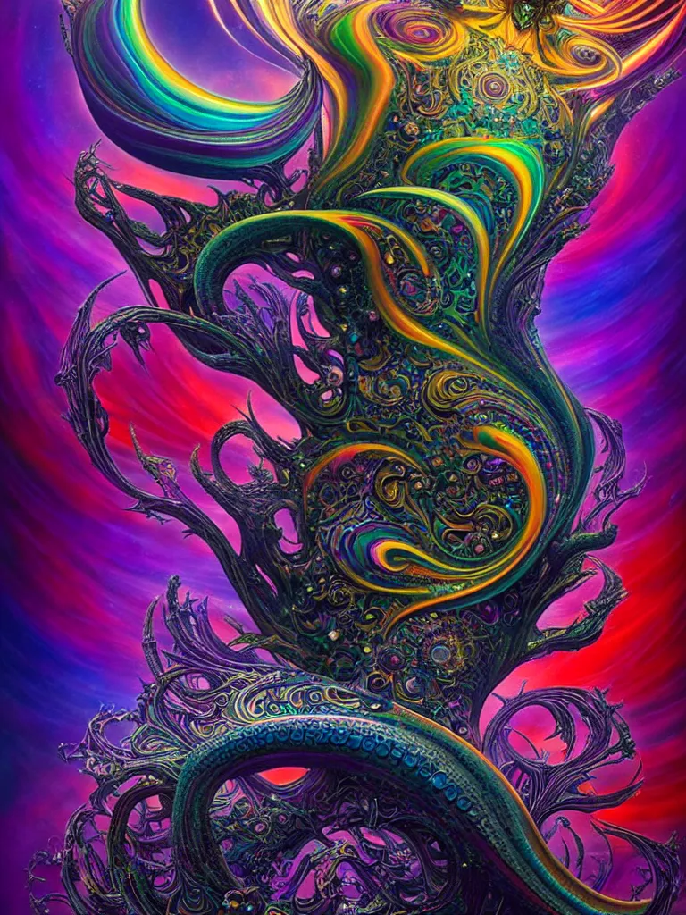 Image similar to depicting a wrathful technological nightmare monster god, in the style of lisa frank, exuberant organic elegant forms, by karol bak and filip hodas : : 1. 4 purple, red, blue, green, black intricate mandala explosions : : intuit art : : turbulent water backdrop : : damask wallpaper : : atmospheric