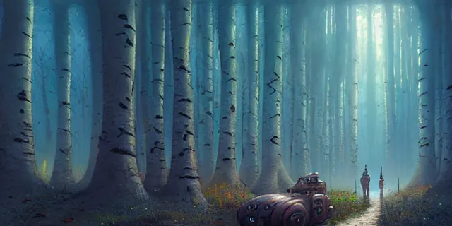 Image similar to painting group of sci - fi adventures searching birch trees forest for crashed ship by tomasz alen kopera and cornelius dammrich with futuristic city scape ion the distance by eddie jones and simon stahlenhag