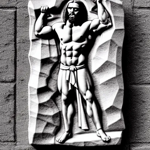 Prompt: muscular gigachad benediction, gigachad jesus, pointing to heaven, stone relief, holy iconography, grayscale