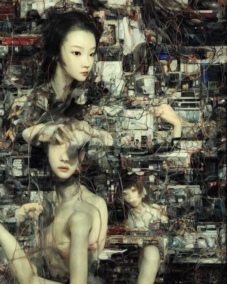 Image similar to portrait of lain iwakura, background room full of cables and computers by yoshitoshi abe, ruan jia and joao ruas. atmospheric