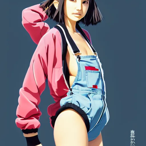 Image similar to a beautiful japanese natalie portman gravure model, wearing oversized native designer bomber jacket and leotard with overalls, bulky poofy bomber jacket with mesoamerican patterns, mesoamerican native street fashion, gapmoe yandere grimdark, trending on pixiv fanbox, painted by greg rutkowski makoto shinkai takashi takeuchi studio ghibli, akihiko yoshida