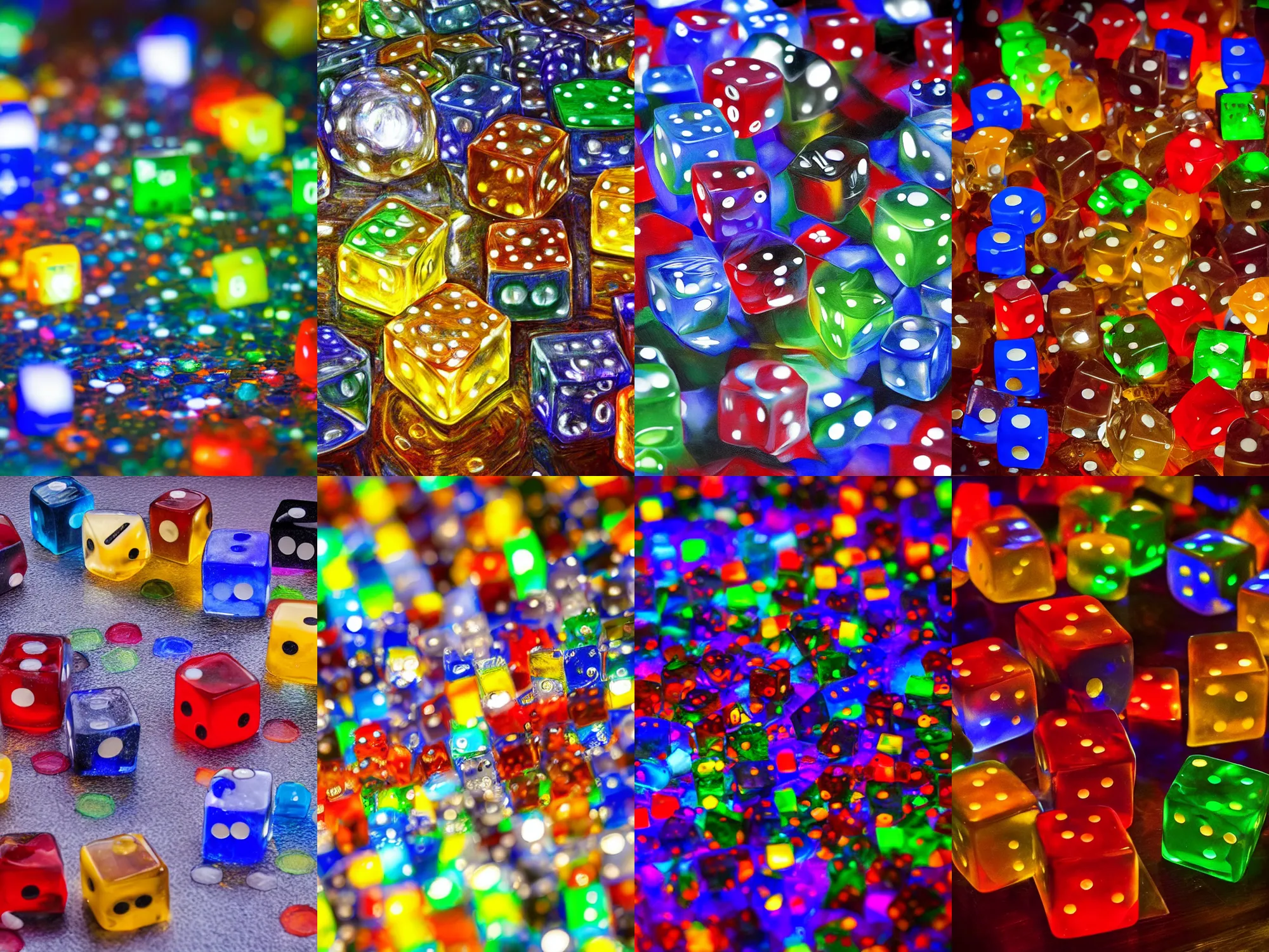 Prompt: dices from color glass bounces, cubes on table, night lights, art by clode monet, 8 k realistic, hyperdetailed, beautiful lighting, detailed background, dof, macro, caustic, coctail in glass, liqueur