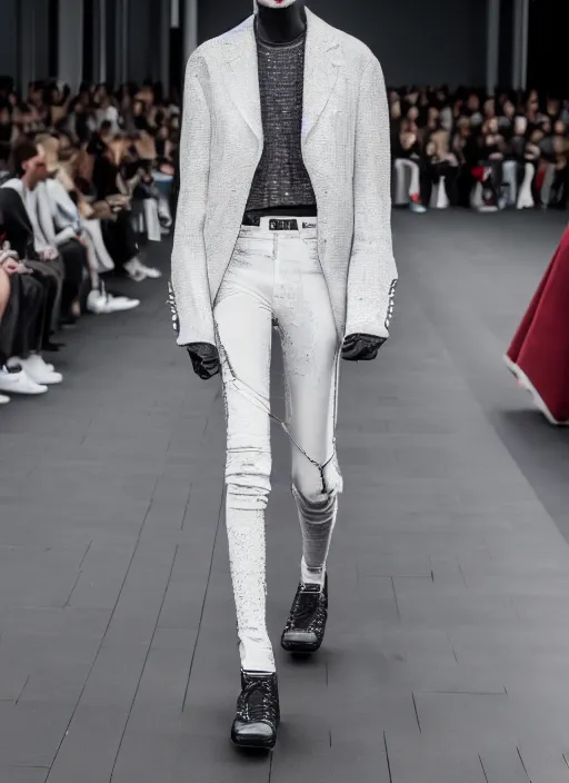 Prompt: hyperrealistic and heavy detailed balenciaga runway show of slender man, leica sl 2 5 0 mm, vivid color, high quality, high textured, real life