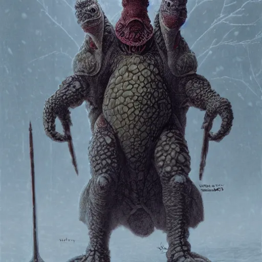 Image similar to anthropomorphic turtle humanoid, carapace, wayne barlowe, blizzard, winter, night, furs, fantasy