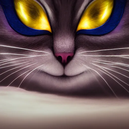 Image similar to full body pose, hyperrealistic photograph of the cheshire cat as a cute kitten, dim volumetric lighting, 8 k, octane beautifully detailed render, extremely hyper detailed, intricate, epic composition, cinematic lighting, masterpiece, trending on artstation, very very detailed, stunning, hdr, smooth, sharp focus, high resolution, award, winning photo, dslr, 5 0 mm