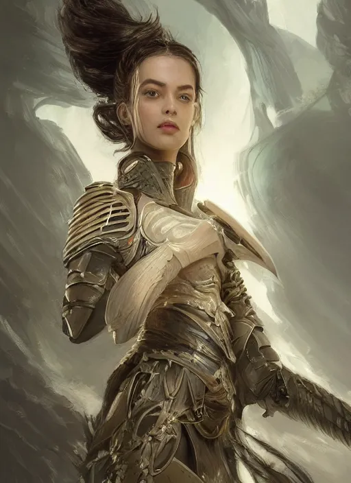 Image similar to a professional portrait of a beautiful young female, clothed in ethereal battle armor, olive skin, long dark hair, beautiful bone structure, symmetrical facial features, intricate, elegant, digital painting, concept art, smooth, sharp focus, finely detailed, illustration, from Valerian and the City of a Thousand Planets, in the style of Ruan Jia and Mandy Jurgens and Artgerm and Greg Rutkowski and William-Adolphe Bouguerea