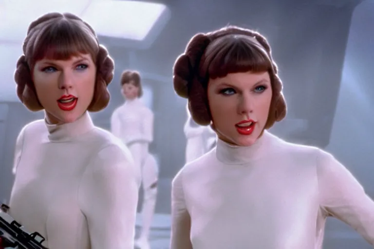 Image similar to taylor swift as princess leia in a new hope still from the movie