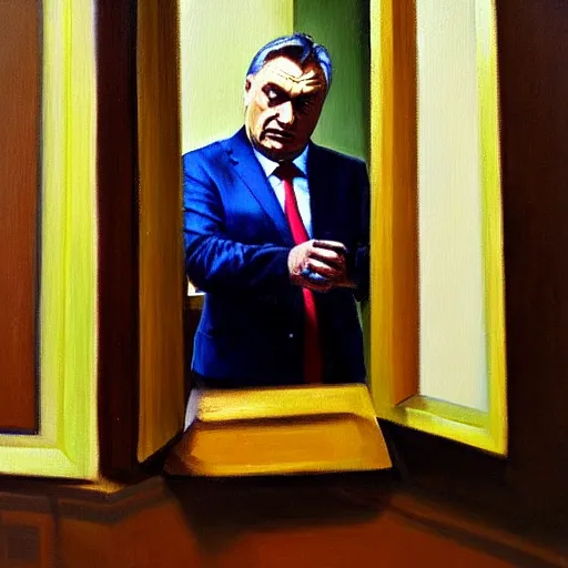 Image similar to viktor orban tiktok on his phone in a cubicle, oil painting