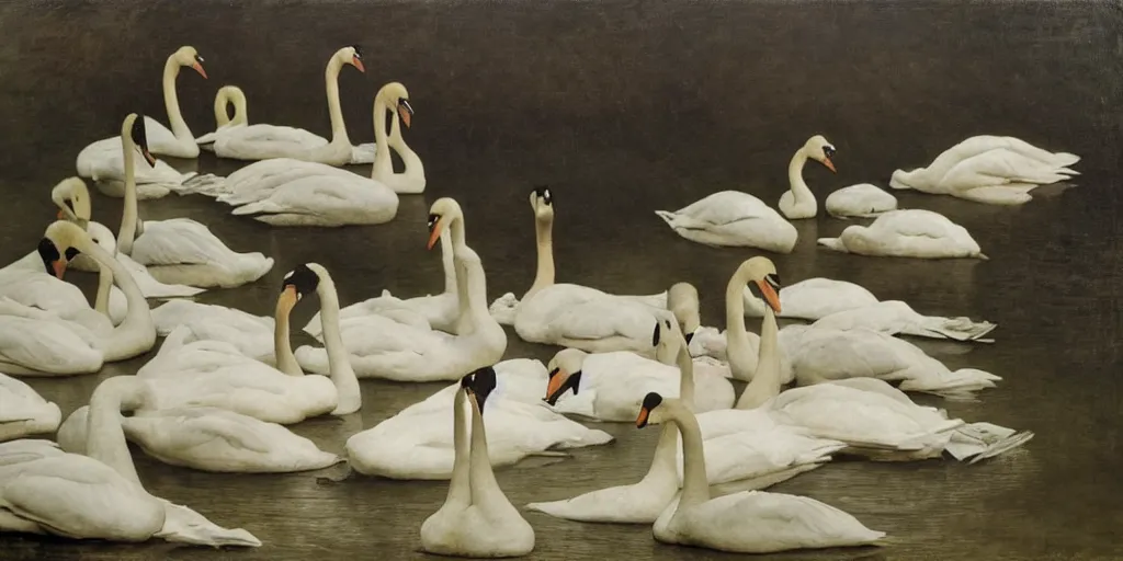 Prompt: lots of swans hiding a body. by william bouguereau, andrew wyeth and nicola samori. dark atmosphere. dark space