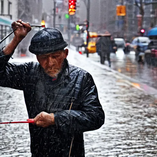 Image similar to closeup portrait of a man fishing in a rainy new york street, photography, time magazine