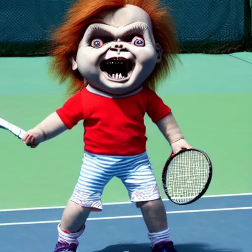 Prompt: cute little screaming chucky doll playing tennis