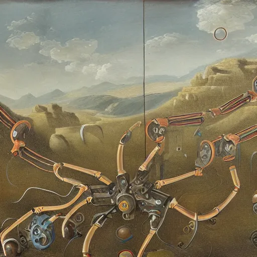 Image similar to a machine with 6 mechanical arms painting a landscape