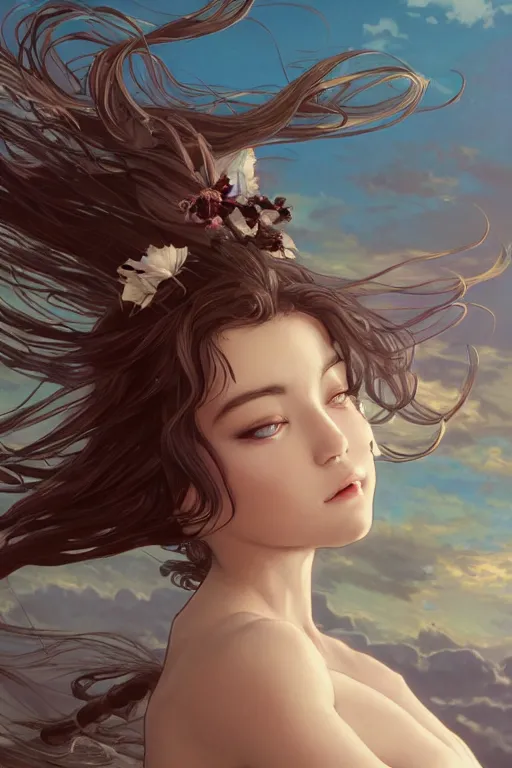 Image similar to full body windy hair zero gravity seductive meditation goddess in the style of artgerm, wlop, greg rutkowski, alphonse mucha and ayami kojima, realistic details, volumetric lighting, very very very very beautiful symmetrical face, trending on artstation, artstationhd, artstationhq, unreal engine, 4 k, 8 k