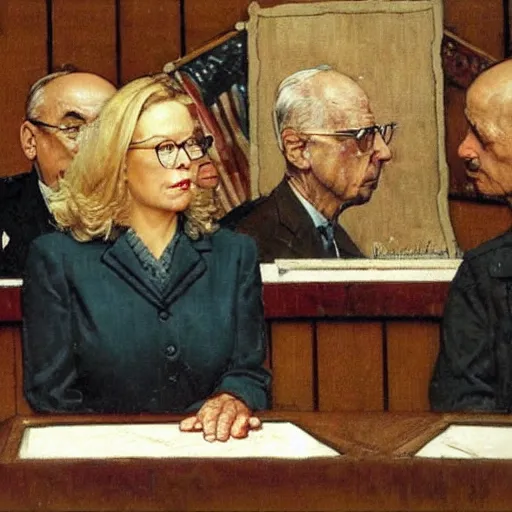 Image similar to liz cheney being judged at the nuremberg trials, artist norman rockwell,