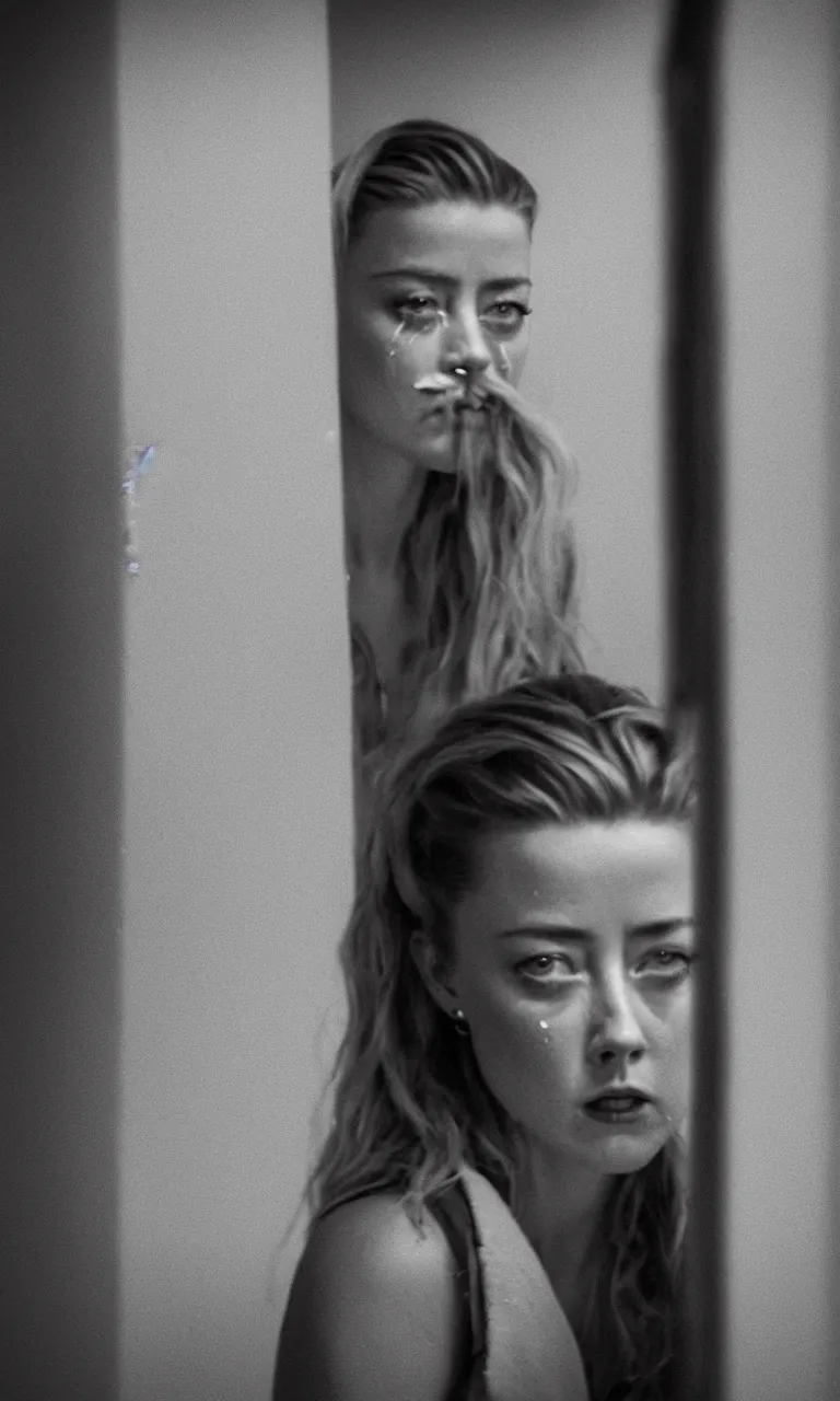 Image similar to amber heard crying hard alone inside a prison, ultra realistic, 8 k, portrait photography