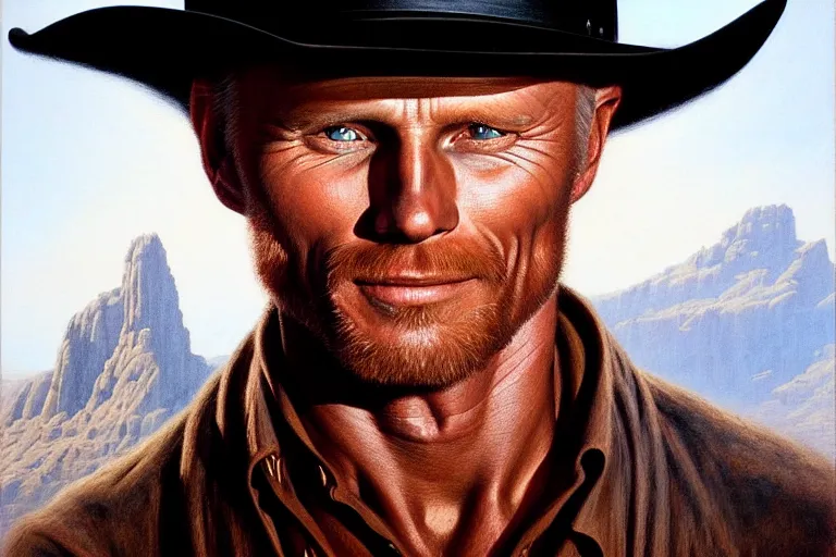 Image similar to poster portrait of ed harris as a black hat cowboy in silverado ( 1 9 8 5 ). oil painting elegant, highly detailed, centered, digital painting, artstation, concept art, smooth, sharp focus, illustration, artgerm, tomasz alen kopera, peter mohrbacher, donato giancola, joseph christian leyendecker drew struzan