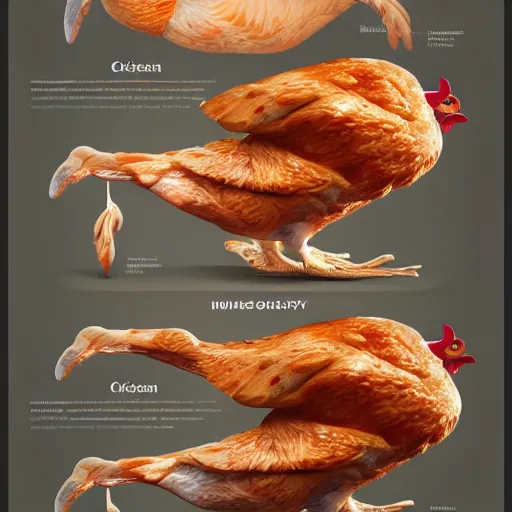 Image similar to chicken, anatomy half cut, infographic, higly detailed, 8 k, photorealistic, art concept, artstation, sharp focus