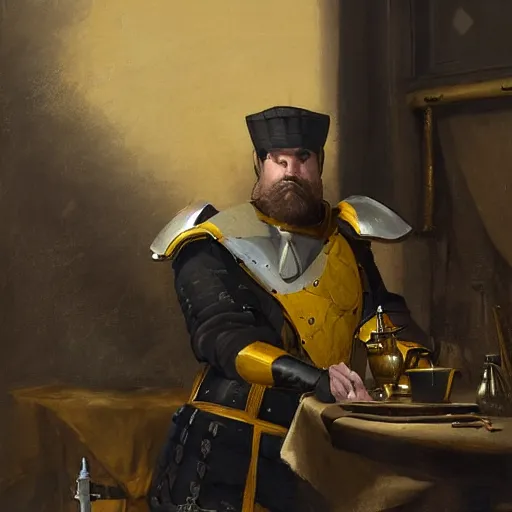 Image similar to Frustrated and acerbic male Imperial sergeant with a short beard wearing a {black and yellow tabard} over a steel breastplate and a black gambeson leaning over a table, by Raymond Swanland Greg Rutkowski, {perfect face}, {perfect eyes}, {perfect body}, {hands planted on war table while standing}, fantasy