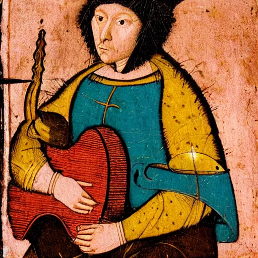 Image similar to medieval portrait of a cat playing lute, colorful