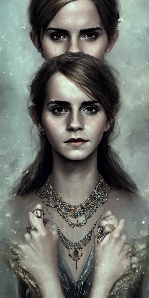 Image similar to realistic character concept, emma watson with lots of jewelry in the face, elegant pose, scifi, illustration, slender symmetrical face and body, artstation, cinematic lighting, hyperdetailed, cgsociety, 8 k, high resolution, charlie bowater, tom bagshaw, single face, insanely detailed and intricate, beautiful, elegant, golden ratio, dark fractal background, vfx, postprocessing