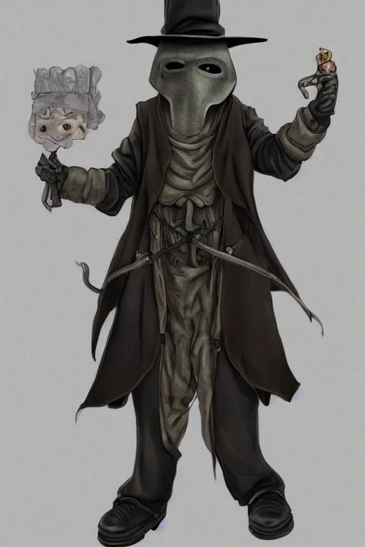 Prompt: a full body shot of a plague doctor by Tomohiro Shimoguchi, plague doctor mask ,wears worn pants, wears a plague doctor hat ,highly detailed, trending on artstation,manga