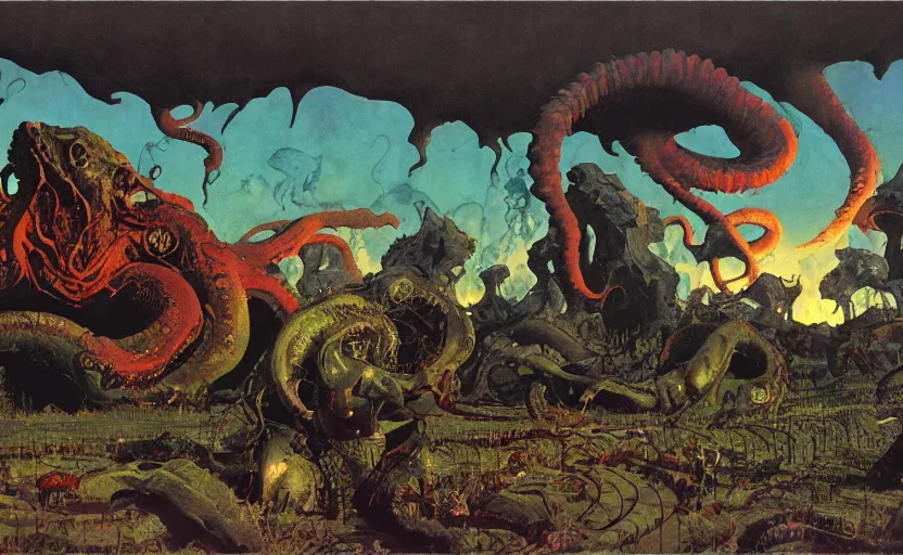 Image similar to cthulhu devouring farmland. highly detailed science fiction painting by norman rockwell, frank frazetta, and syd mead. rich colors, high contrast, gloomy atmosphere, dark background. trending on artstation