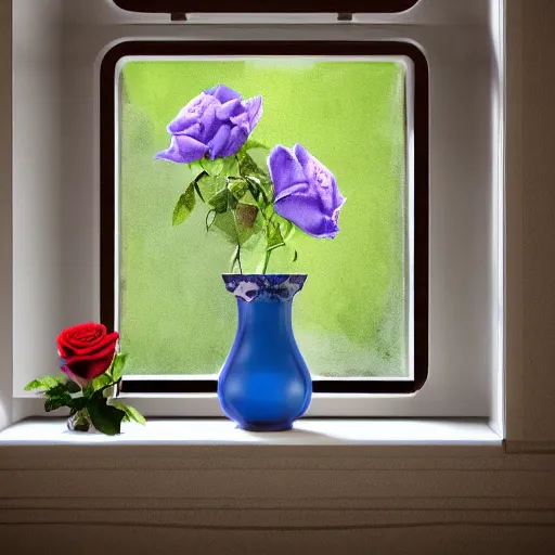 Prompt: The image would feature a windowsill with two vases. One vase containing a red rose. And the other vase containing a blue violet. The natural light from the window would be shining in on the scene. Trending on artstation