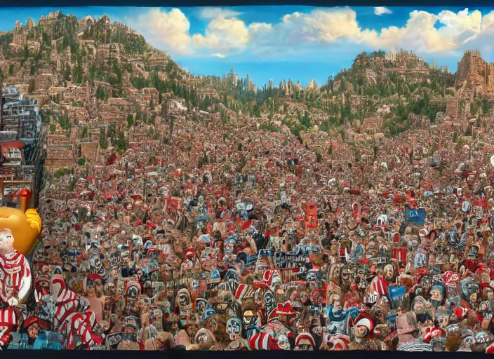 Prompt: where's waldo, lowbrow, matte painting, 3 - d highly detailed, in the style of kenny schaffer,