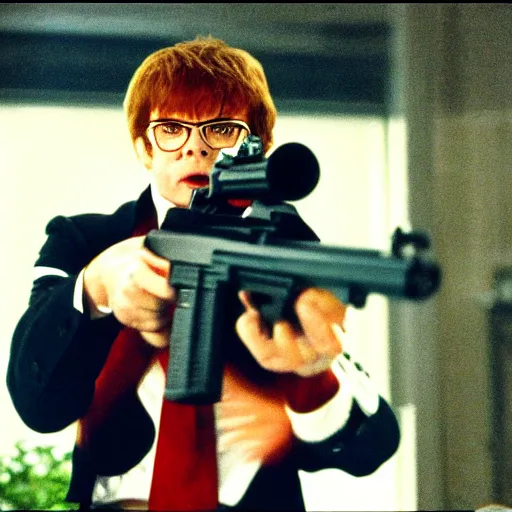 Prompt: austin powers shooting an ak - 4 7, photography, movie,